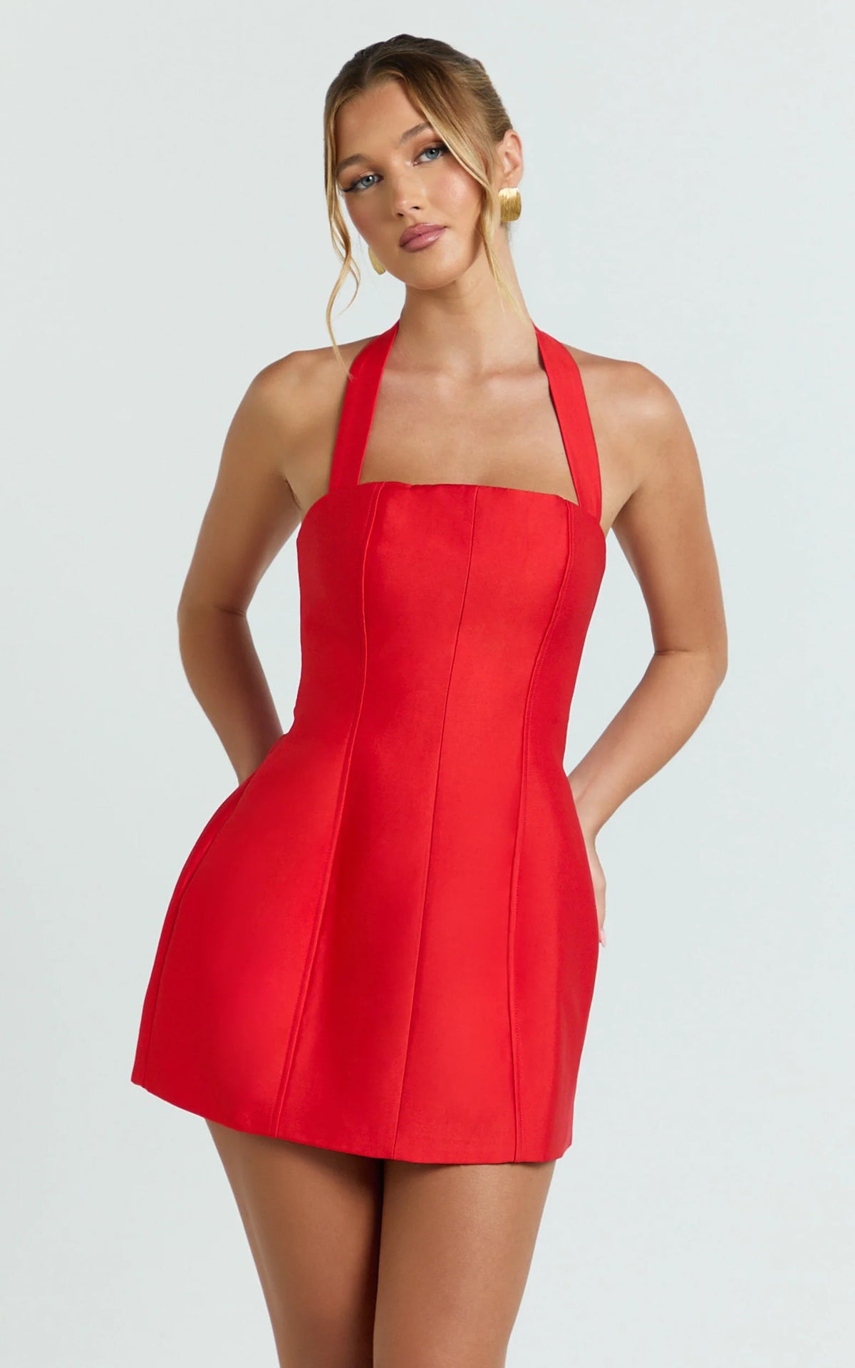 Lucie Mini Dress -  Halter Neck Tulip Dress in Red