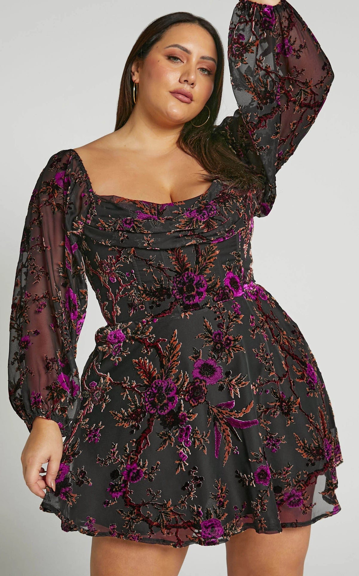 Jessell Mini Dress - Long Sleeve Cowl Corset Dress in Burnt Out Floral