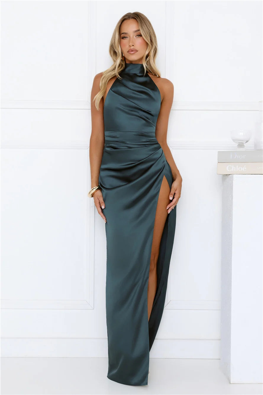 Satin Sophistication Halter Maxi Dress Chocolate