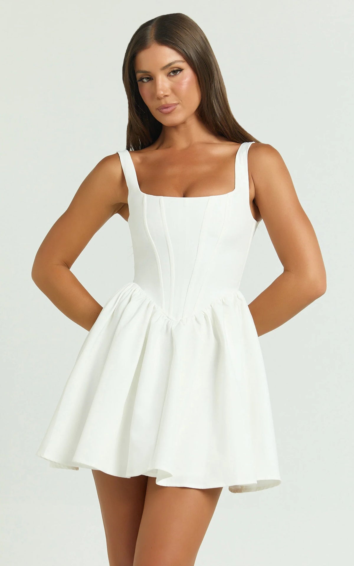 Aimee Mini Dress - Scoop Neck Corset Gathered Dress in Red