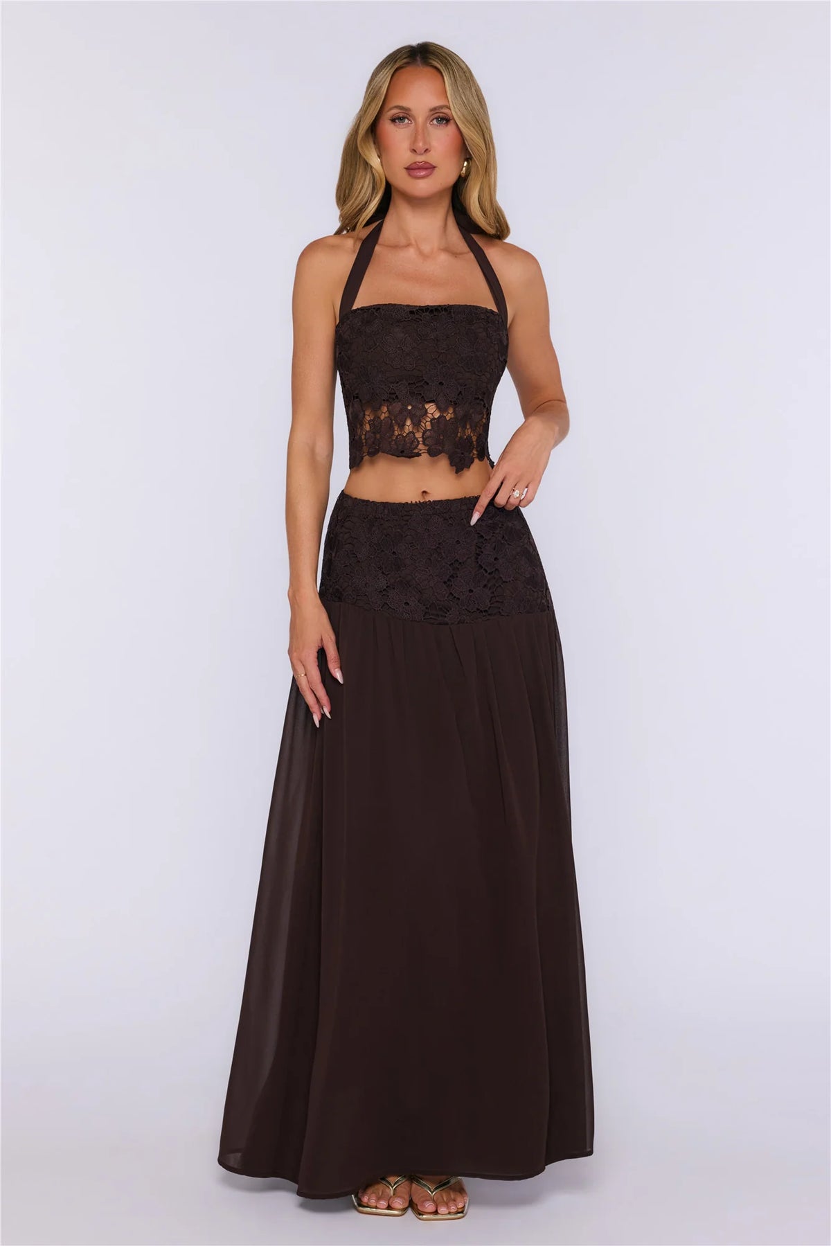 Dream Mood Embroidered Halter Crop Top Brown