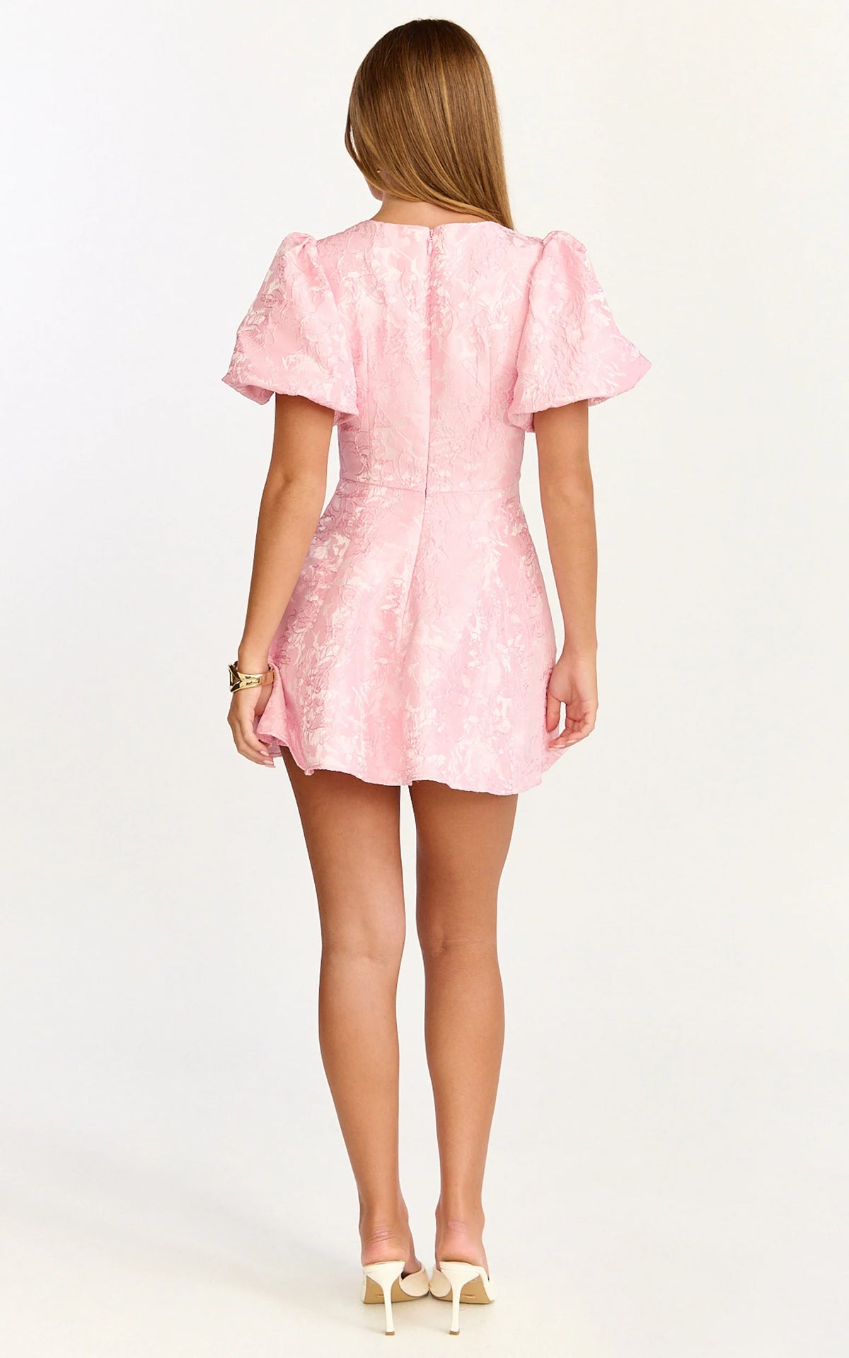 Rosalie Mini Dress - Floral Jacquard V Neck Fit and Flare Dress in Blue