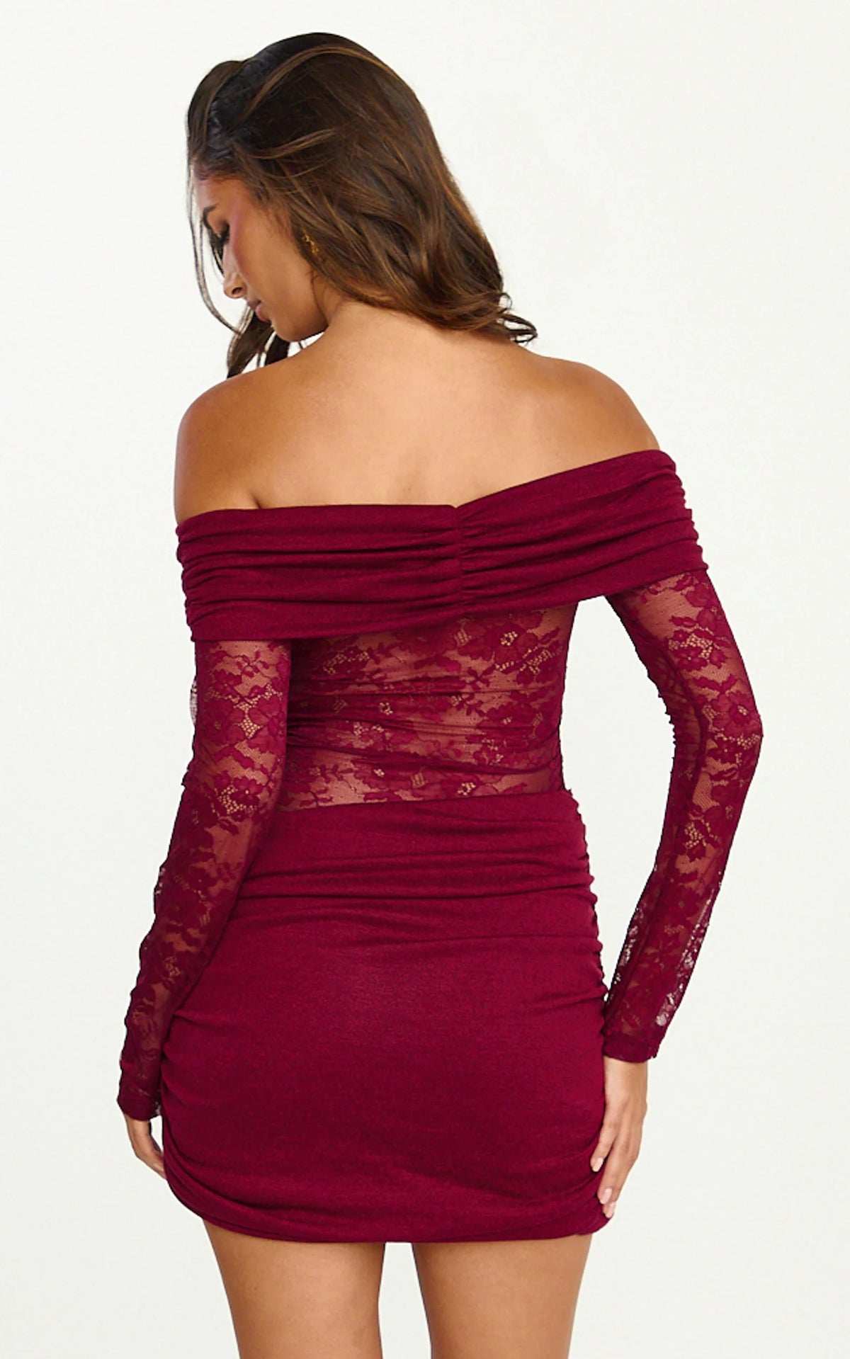 Juliet Mini Dress - Off Shoulder Lace Contrast Bodycon Dress in Choc