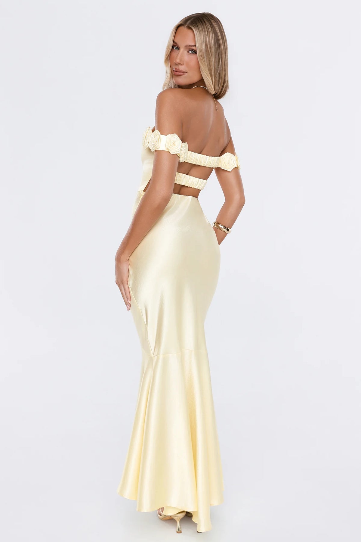Falling Soft Satin Off Shoulder Maxi Dress Yellow
