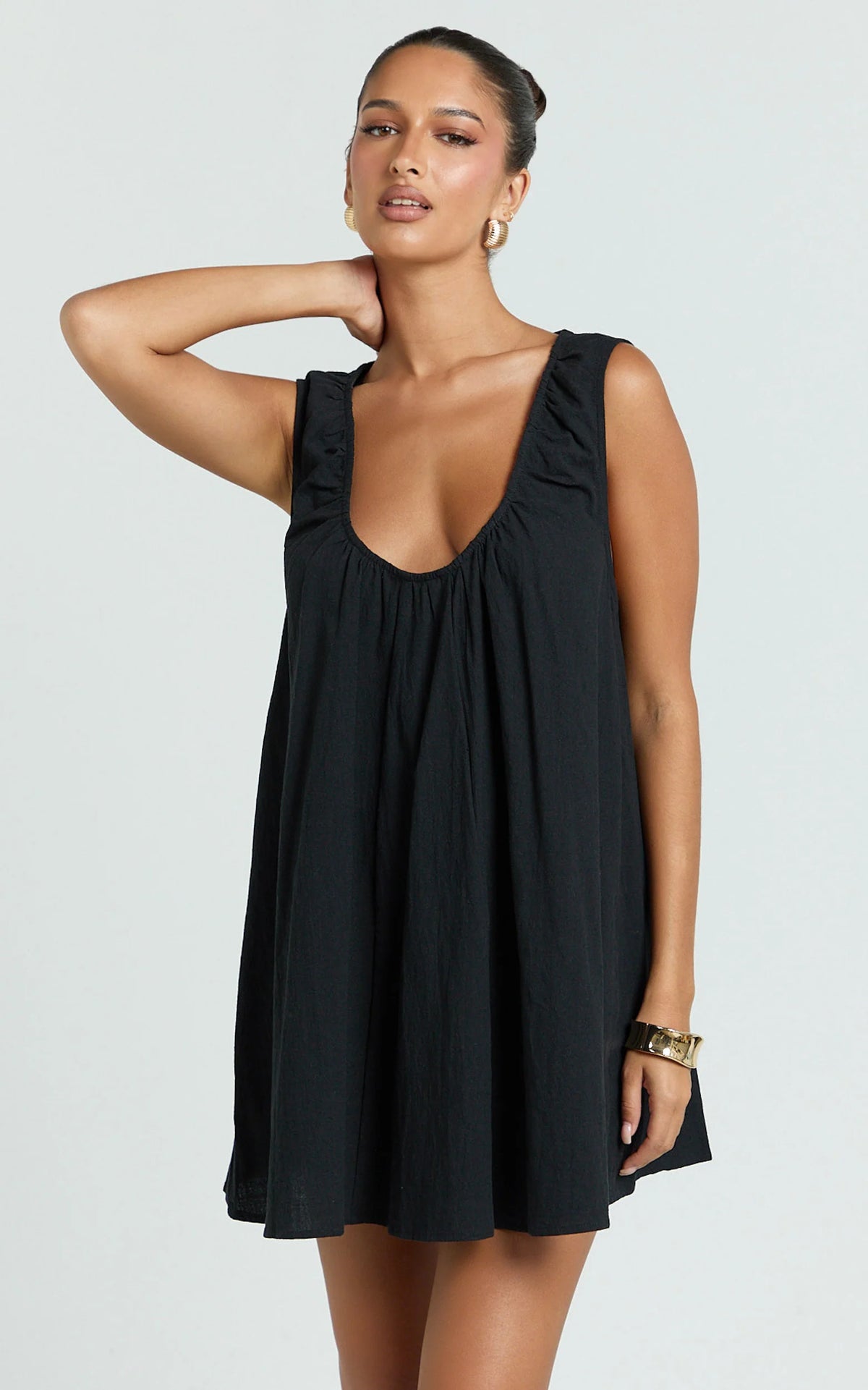 Lucinda Mini Dress - Deep U Gathered Neck Smock Dress in Pale Blue