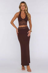 Style That Stays Halter Lace Crop Top Brown