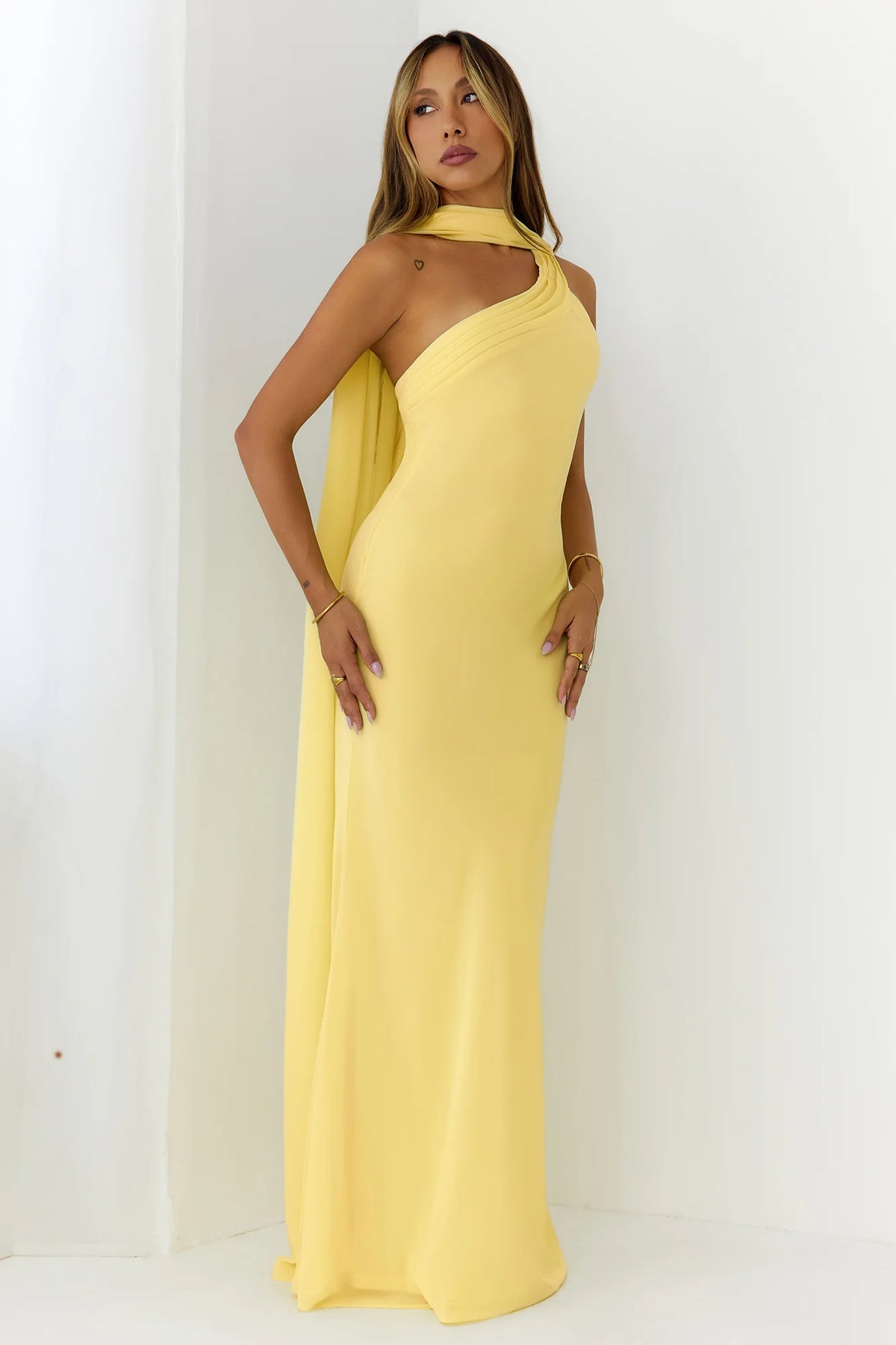 Sultry Drape One Shoulder Maxi Dress Yellow