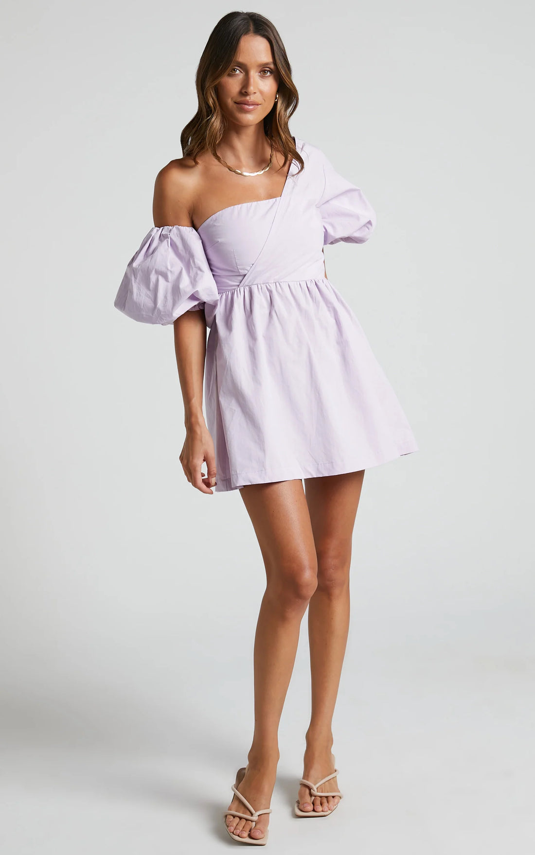 Sula Mini Dress - Asymmetric Off One Shoulder Puff Sleeve Dress in White