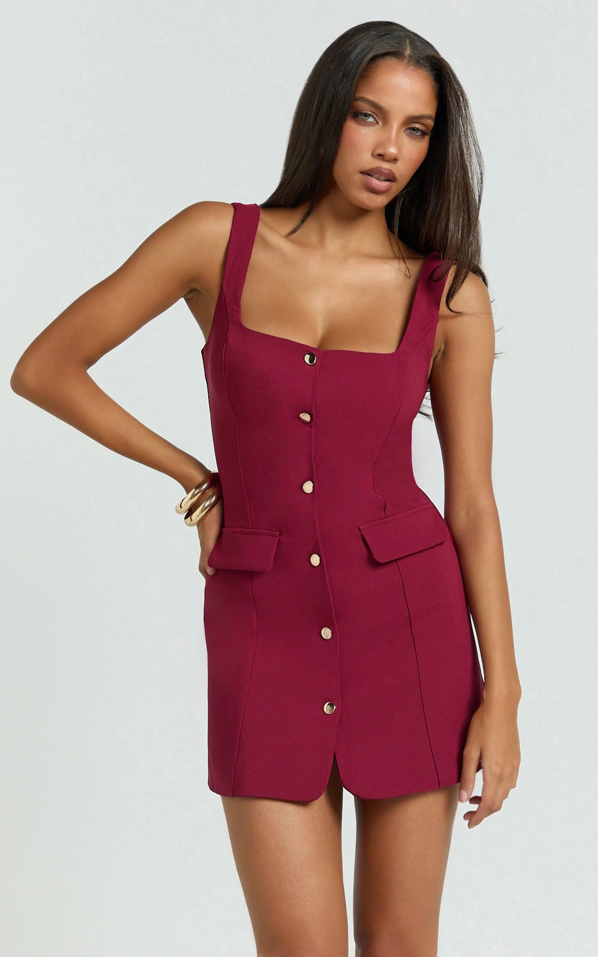 Kenna Mini Dress - Square Neck Button Down Mini Dress in Sage
