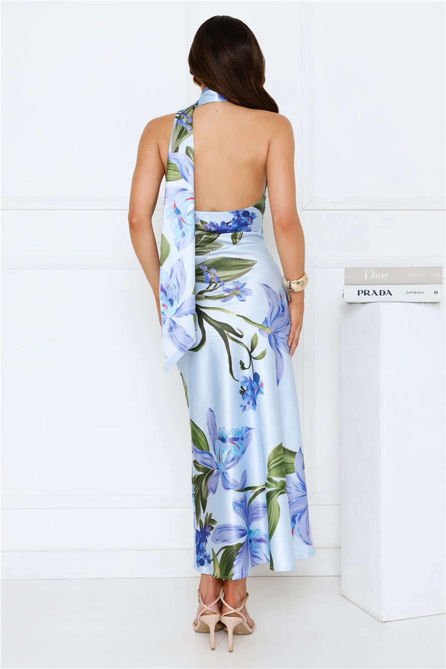 Romance In Bloom Satin Maxi Dress Blue