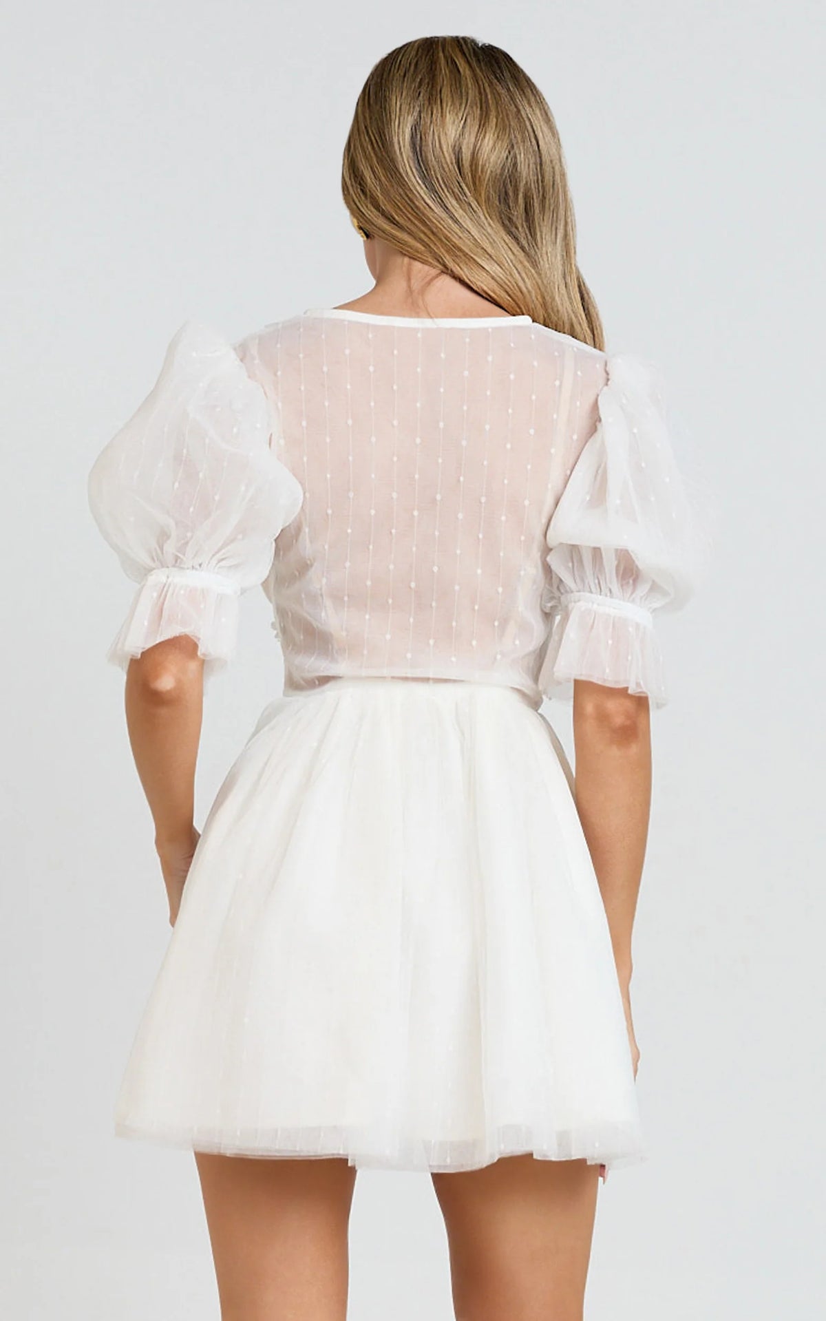 Akshia Mini Dress - Puff Sleeve Floral Detail Plunge Neck Dress in White
