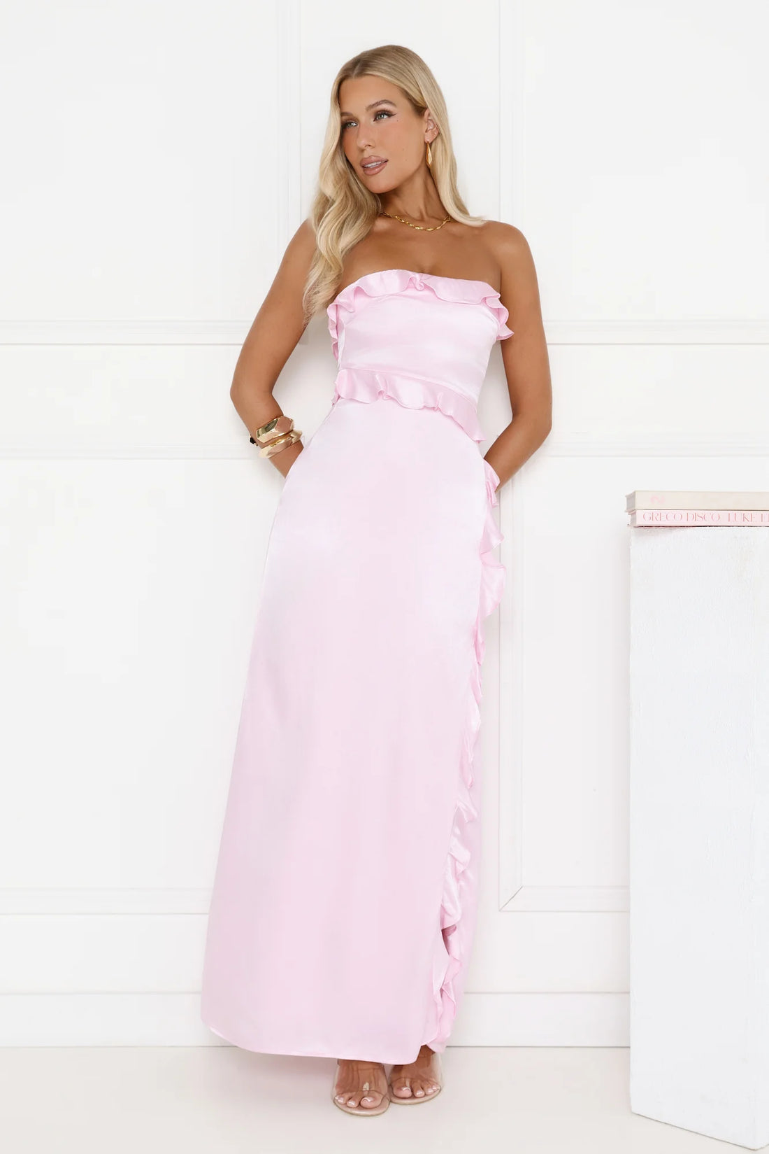 Seaside Eternity Strapless Satin Maxi Dress Pink