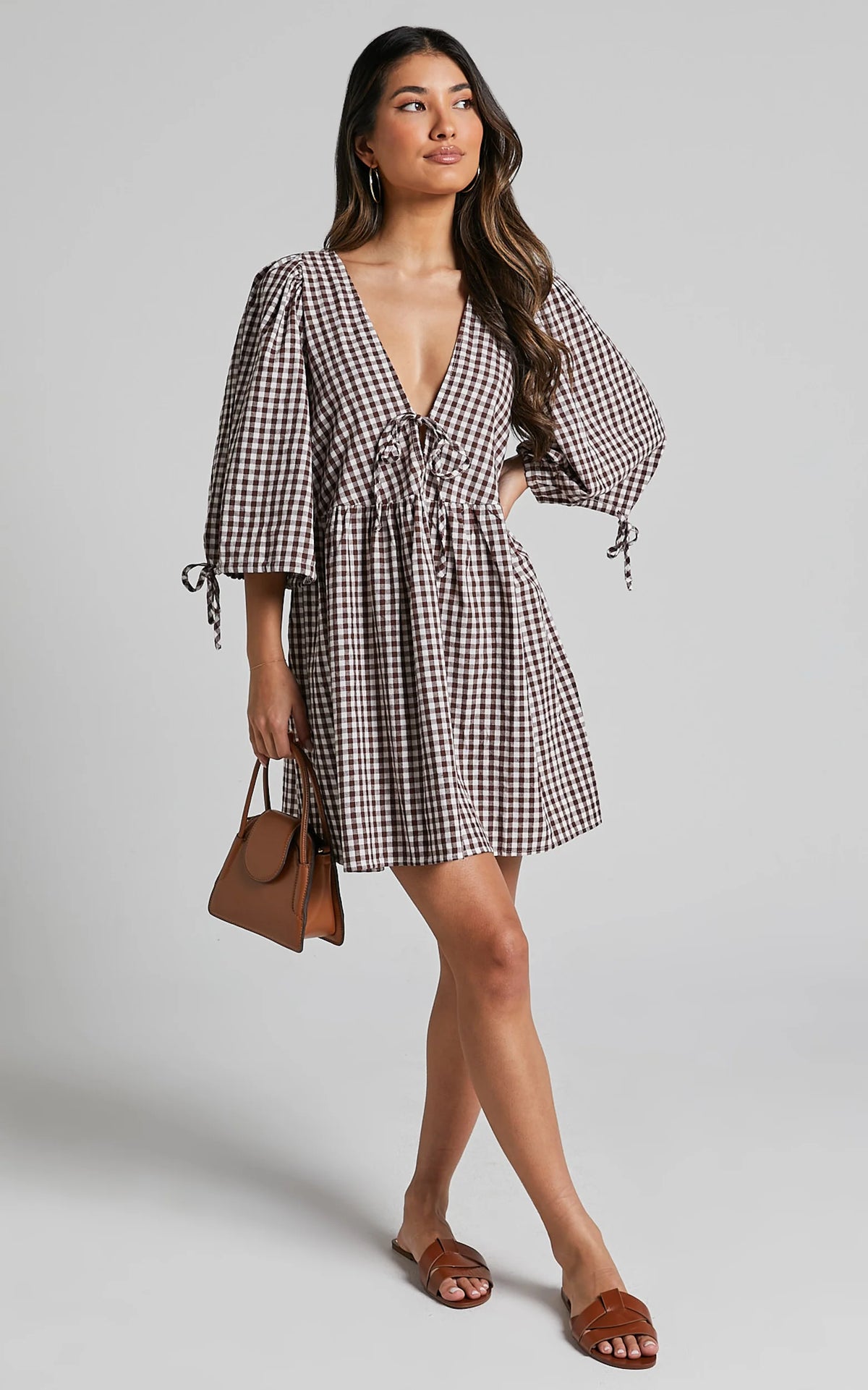 Rosita Mini Dress - Tie Front Puff Sleeve Dress in Black and White Check