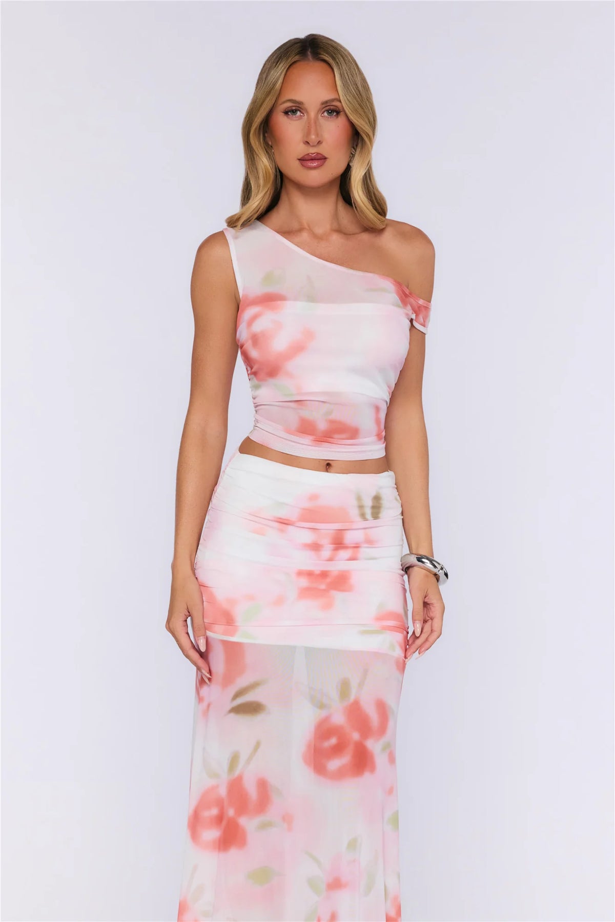 Good Idea Mesh Off Shoulder Top Pink Floral