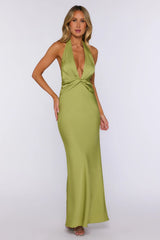 Palm Breeze Party Satin Halter Maxi Dress Lime