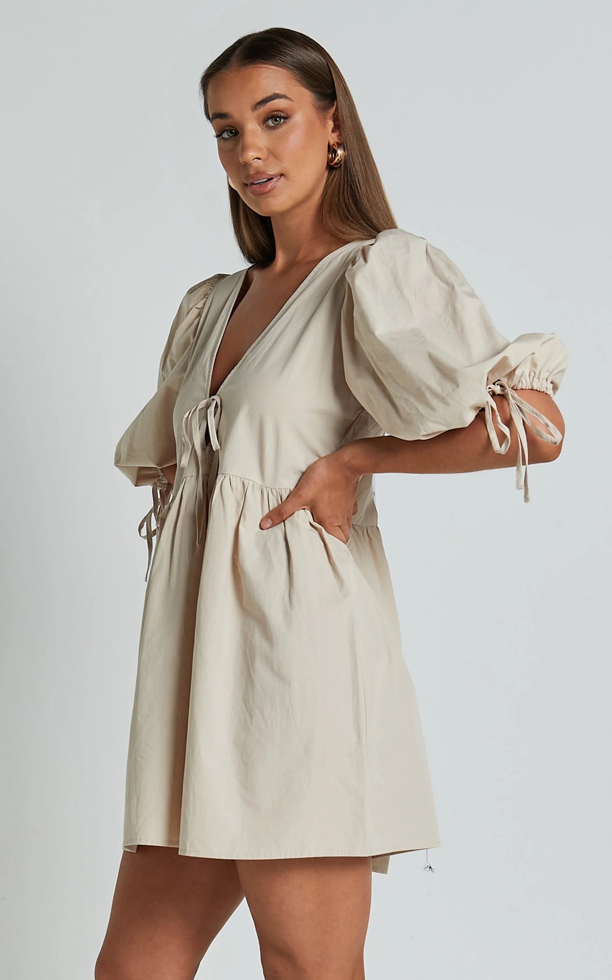 Rosita Mini Dress - Tie Front Puff Sleeve Dress in Black and White Check