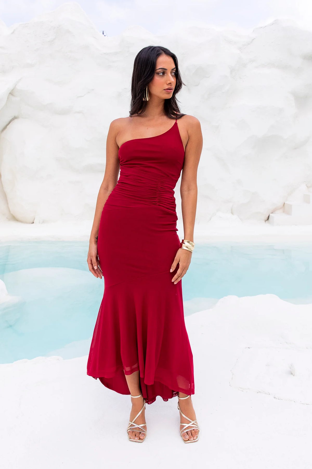 Self Expression One Shoulder Mesh Maxi Dress Green