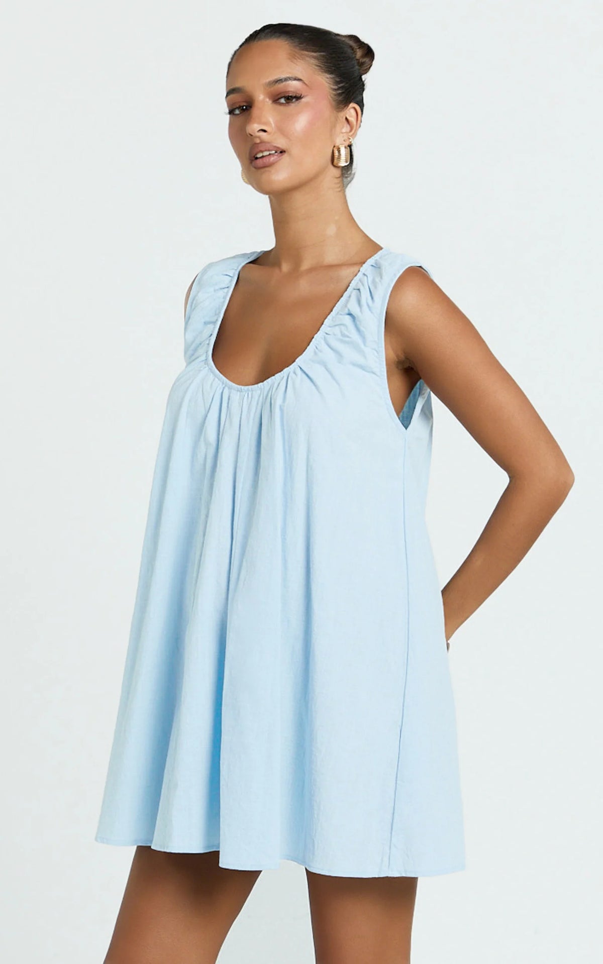 Lucinda Mini Dress - Deep U Gathered Neck Smock Dress in Pale Blue