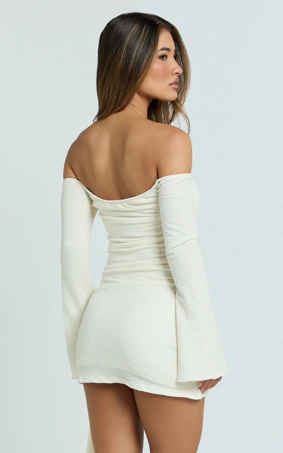 Noah Mini Dress - Off Shoulder Draped Skirt Jersey Dress in Cream