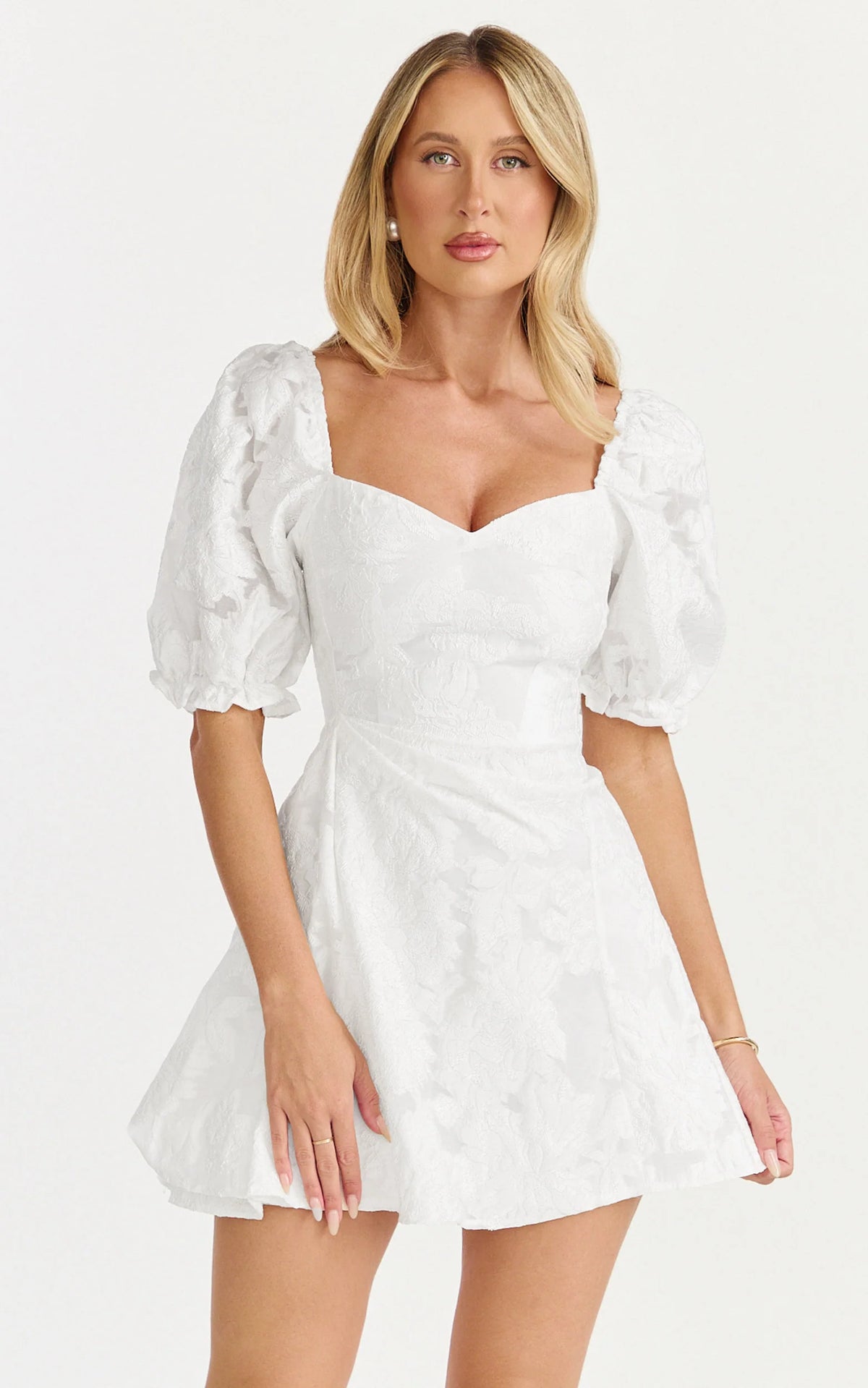 Brailey Mini Dress - Puff Sleeve Fit and Flare Dress in White
