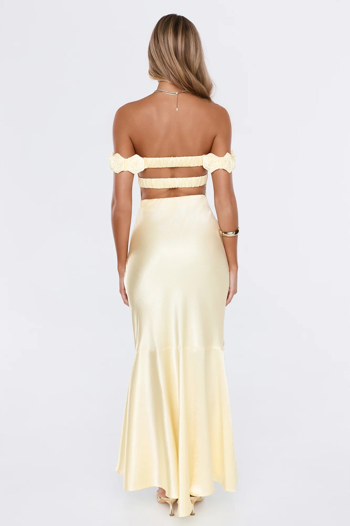 Falling Soft Satin Off Shoulder Maxi Dress Yellow