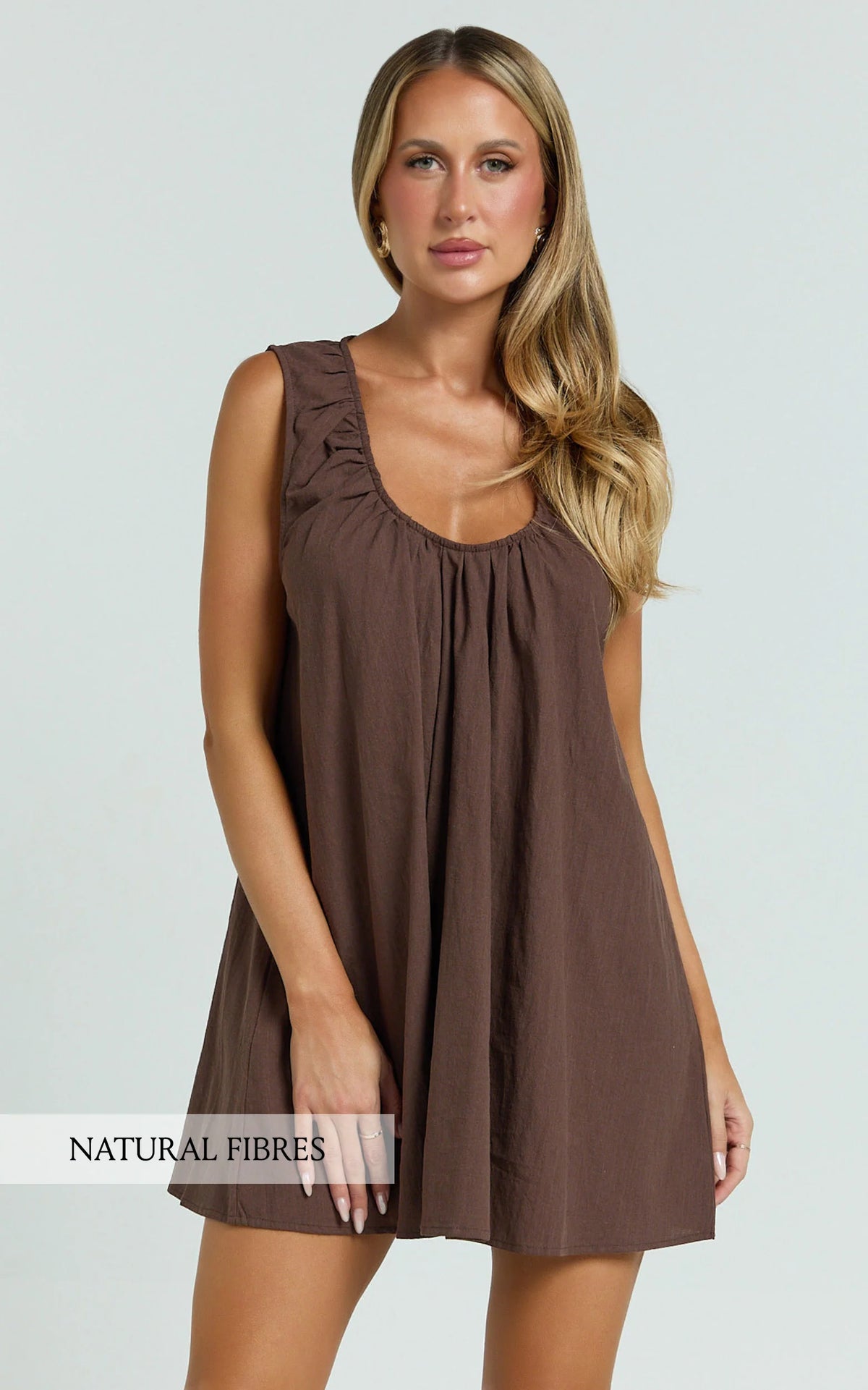 Lucinda Mini Dress - Deep U Gathered Neck Smock Dress in Pale Blue
