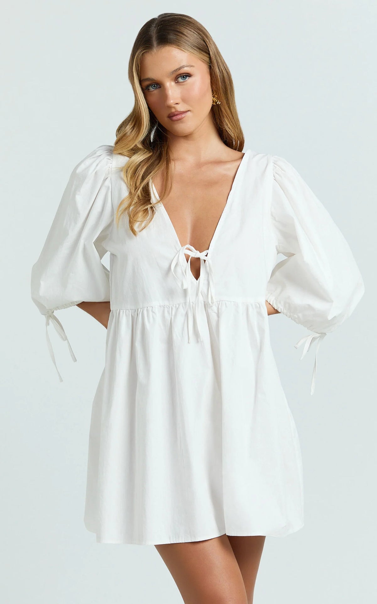 Rosita Mini Dress - Tie Front Puff Sleeve Dress in Black and White Check