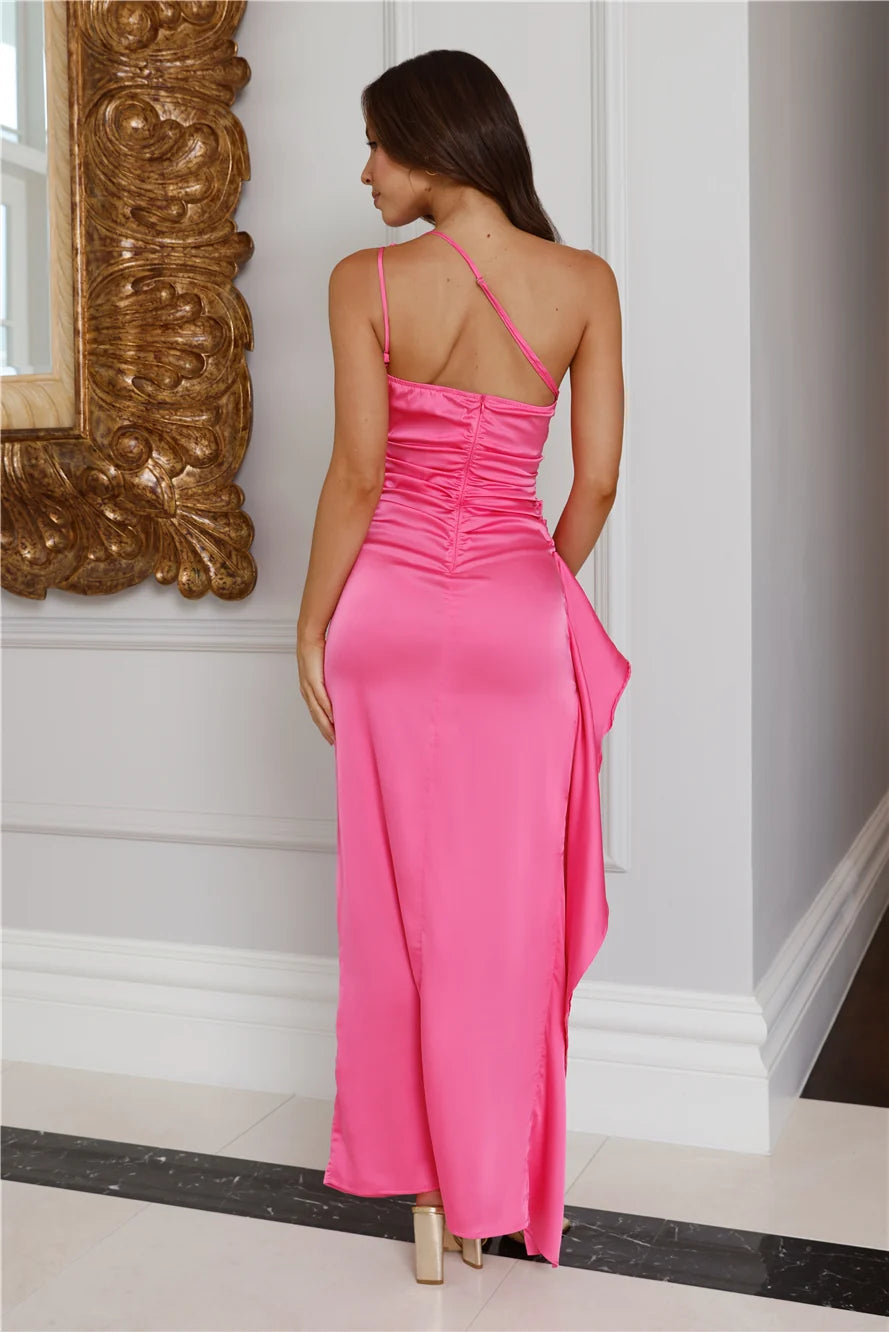 Extra Special One Shoulder Satin Maxi Dress Wine