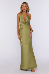 Showing Up Styled Satin Halter Maxi Dress Olive
