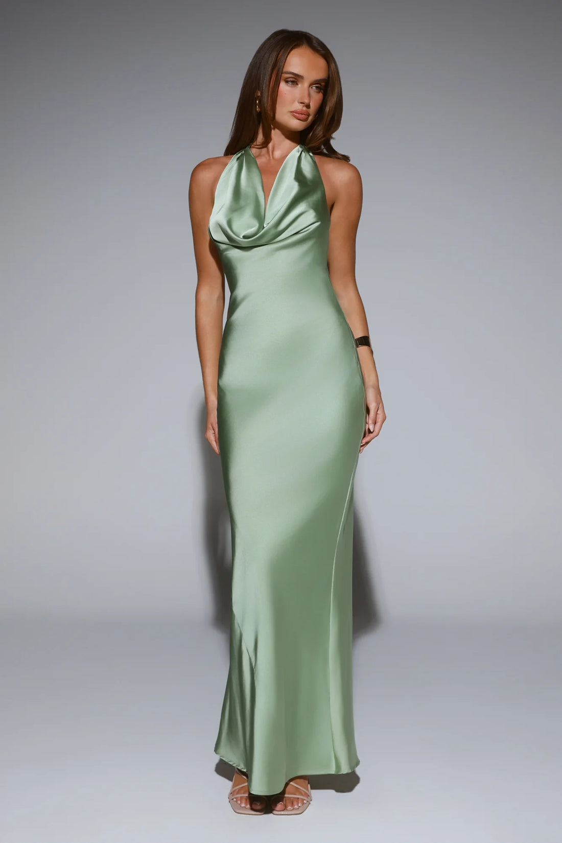 VIP Energy Satin Scarf Halter Maxi Dress Sage