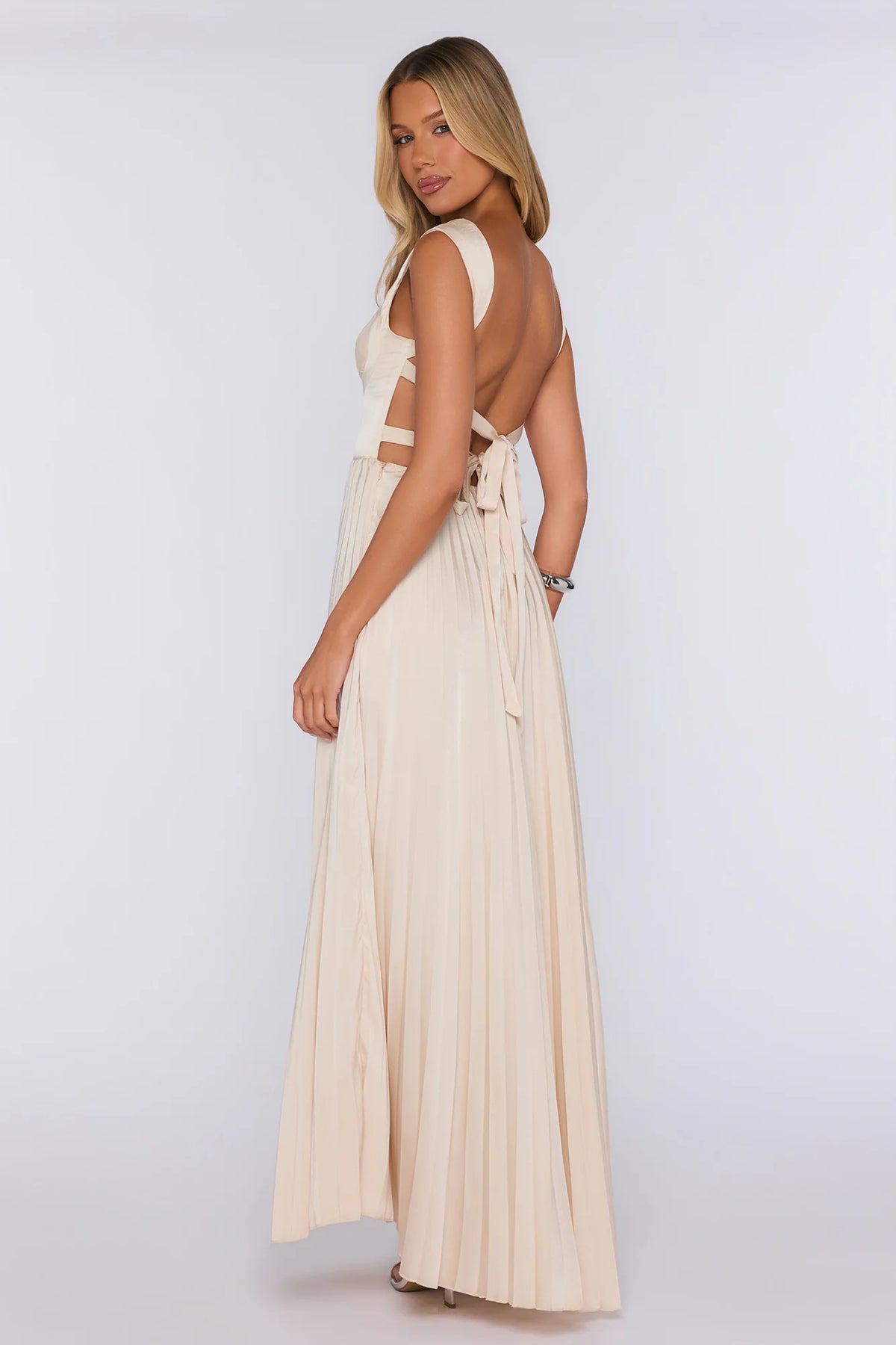 Satin Glow Pleated Maxi Dress Champagne
