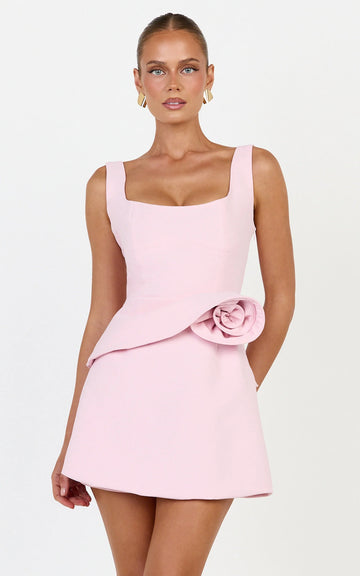 Vivienne Mini Dress - Square Neck Rosette Peplum Dress in Pink