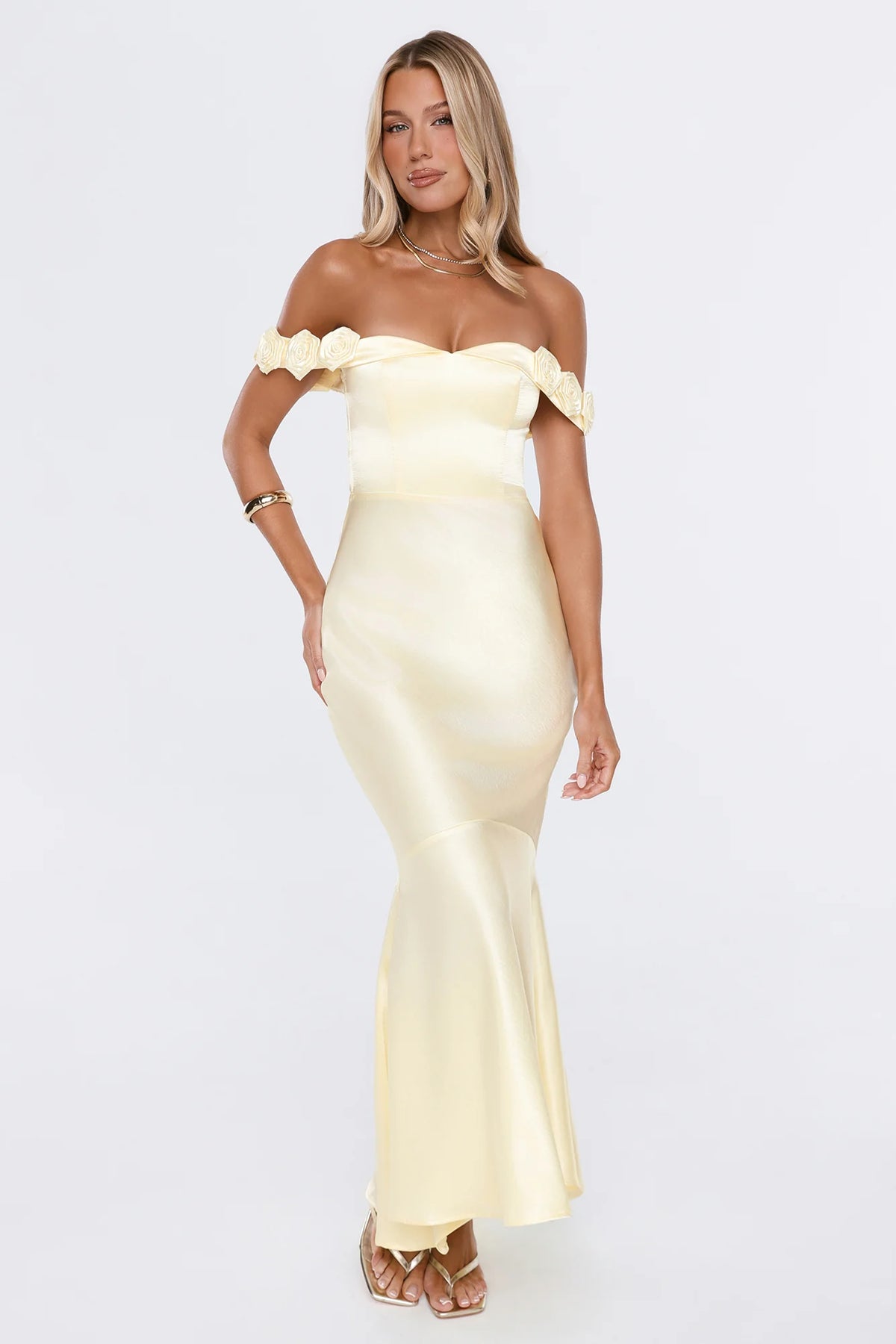Falling Soft Satin Off Shoulder Maxi Dress Yellow