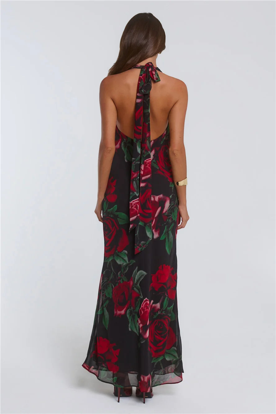 Rosy Perfume Halter Maxi Dress Black
