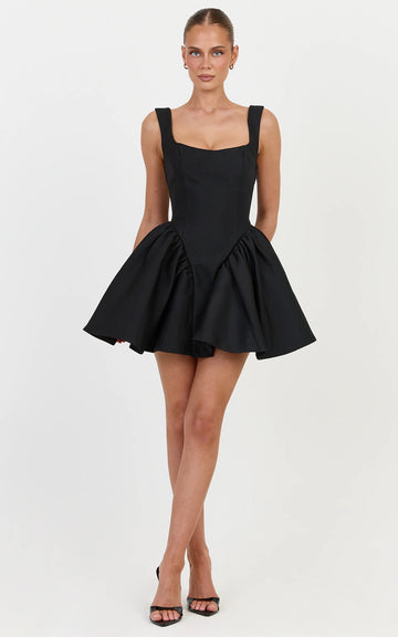 Lux Mini Dress - Gathered Fit And Flare Dress in Black