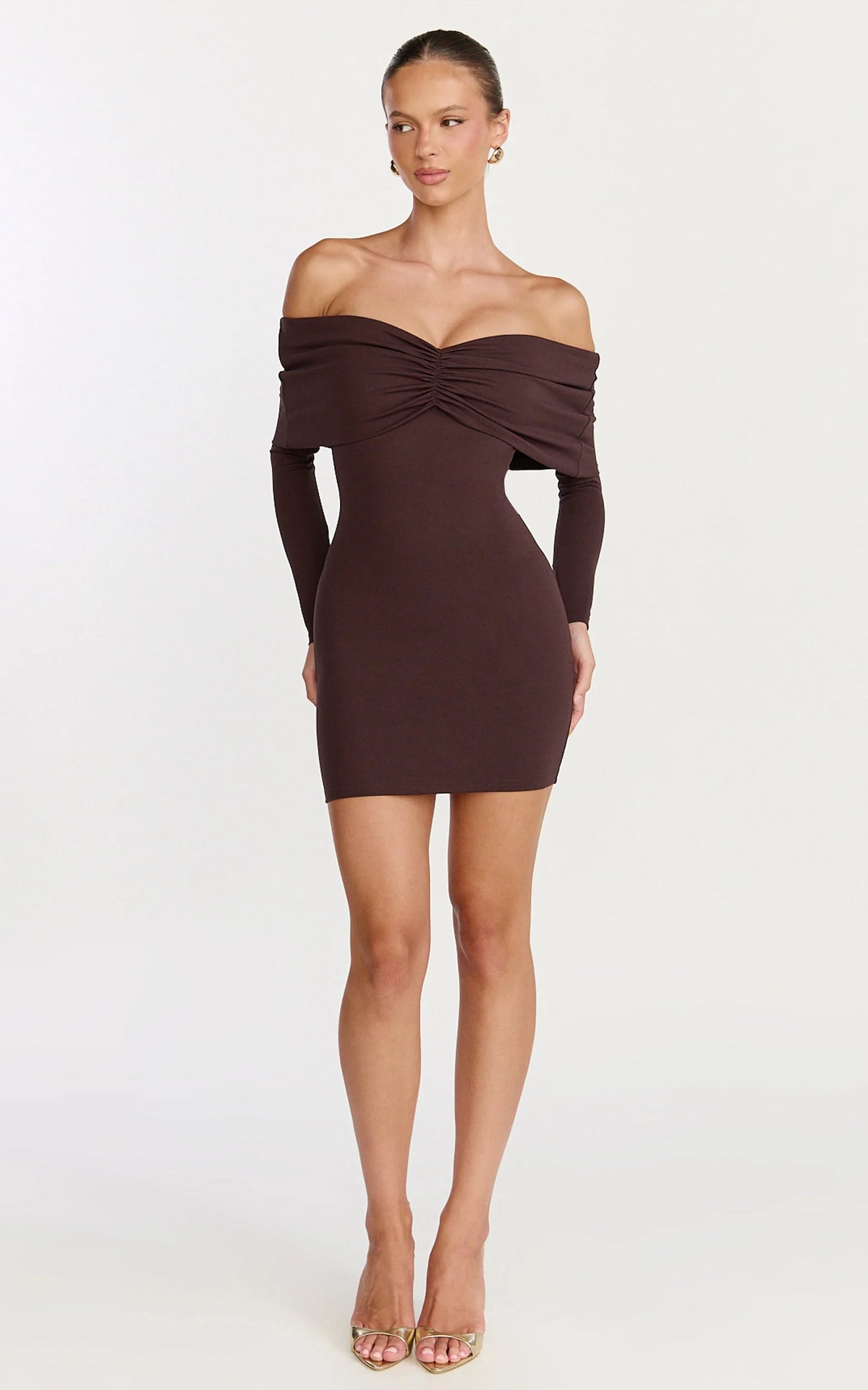 Rani Mini Dress - Off Shoulder Long Sleeve Bodycon Dress in Wine