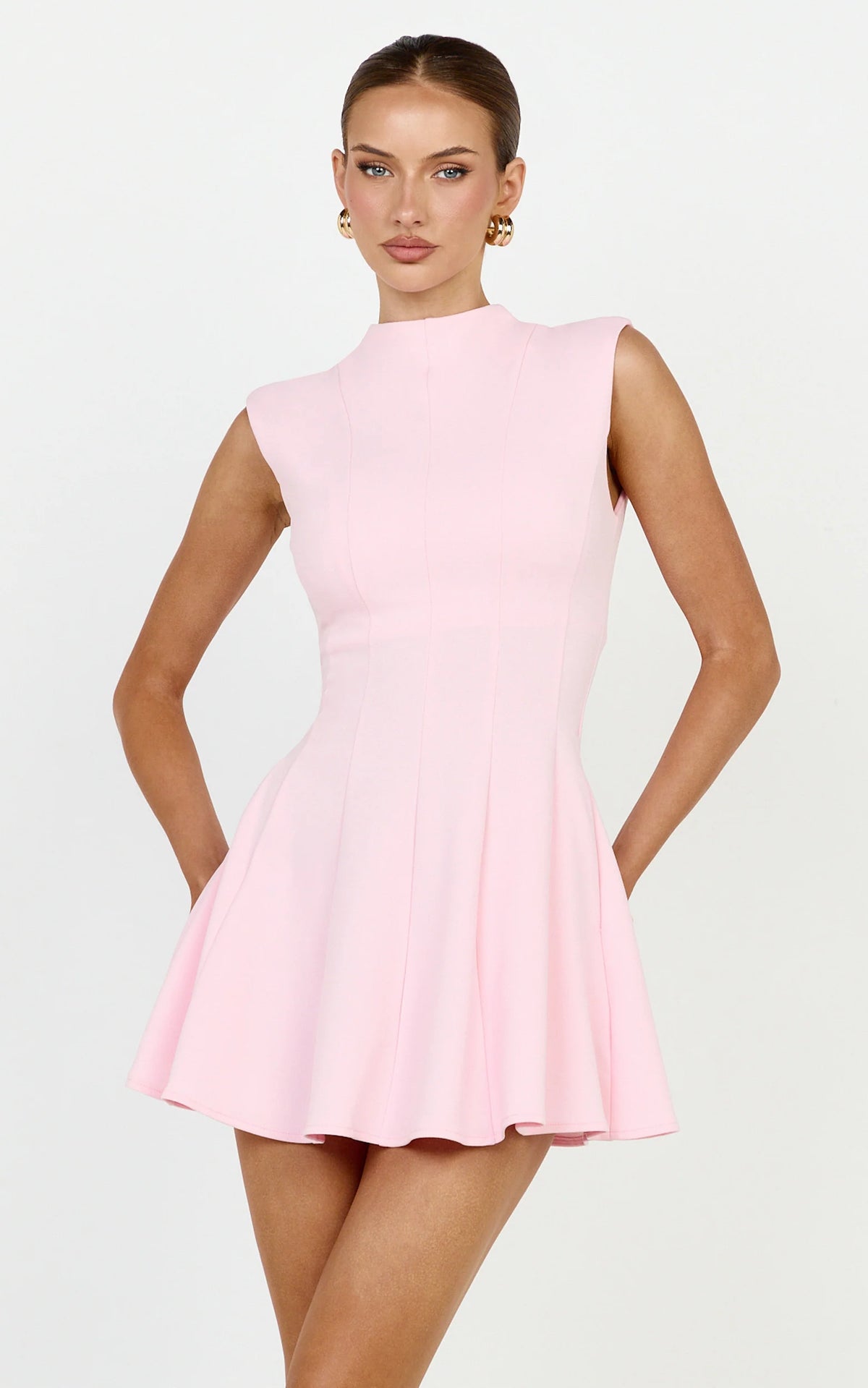 Becky Mini Dress - High Neck Sleeveless Fit And Flare Dress in Chocolate