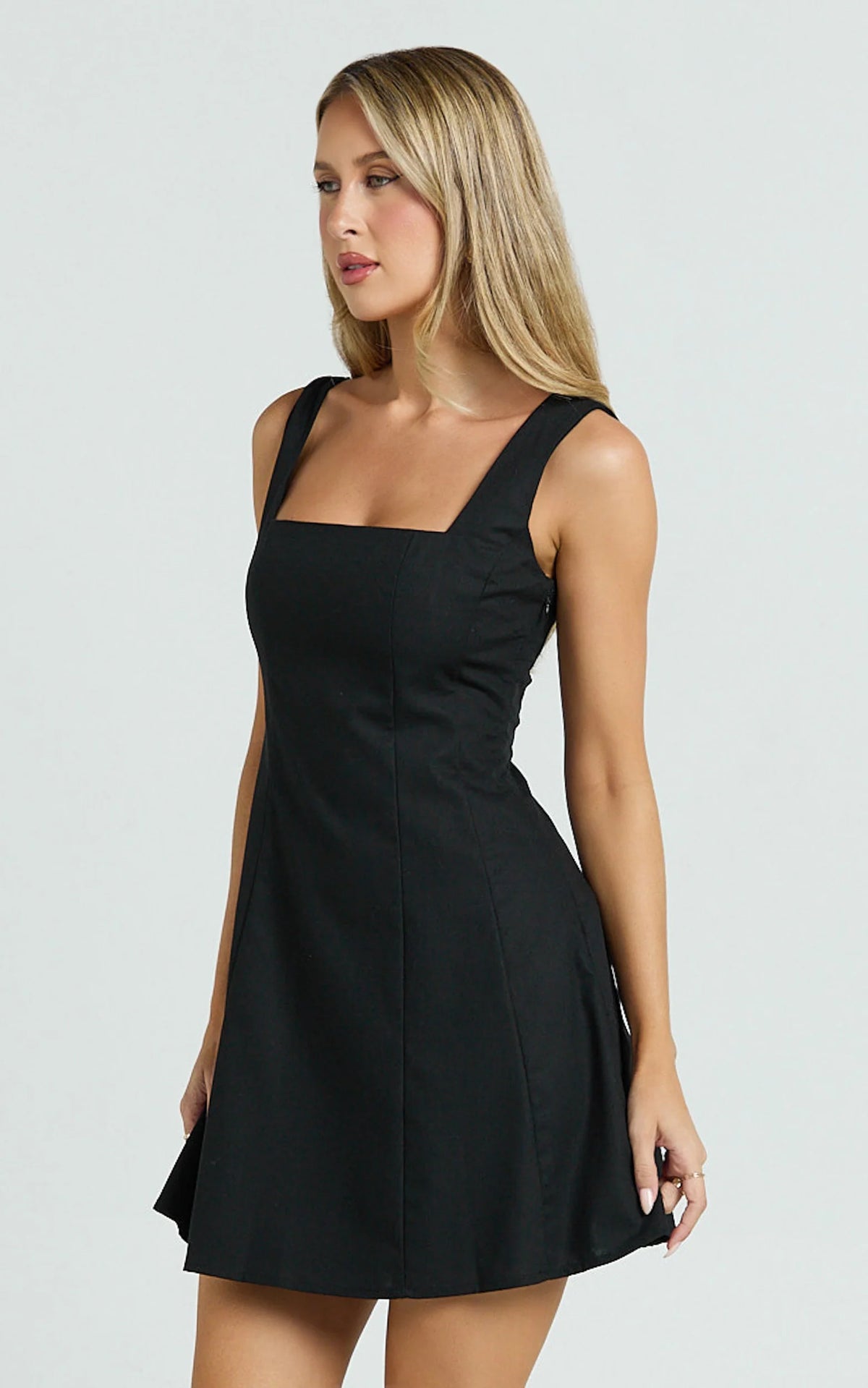 Adiana Mini Dress - Linen Square Neck Shirred Back A Line Dress in Pink