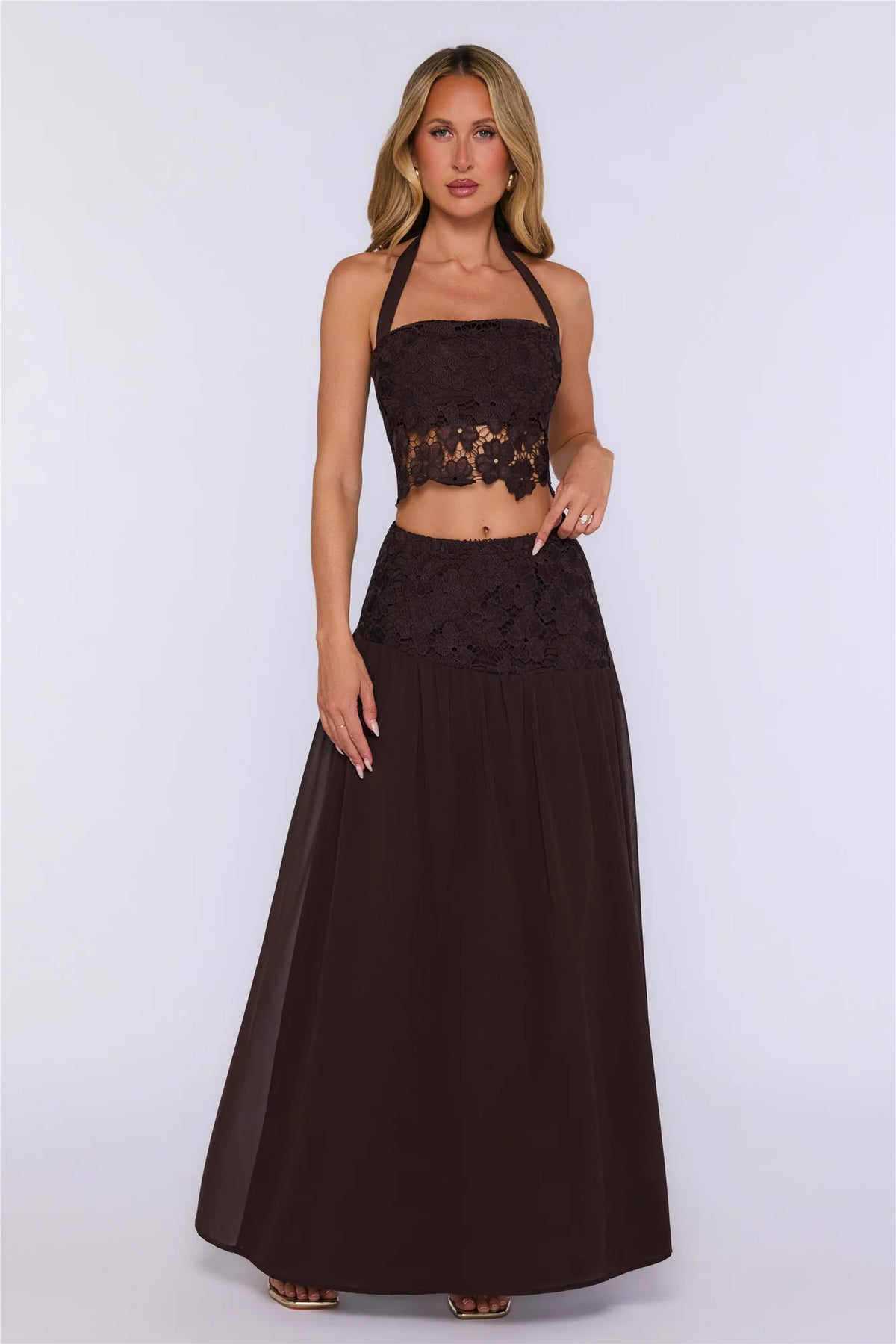 Dream Mood Embroidered Halter Crop Top Brown