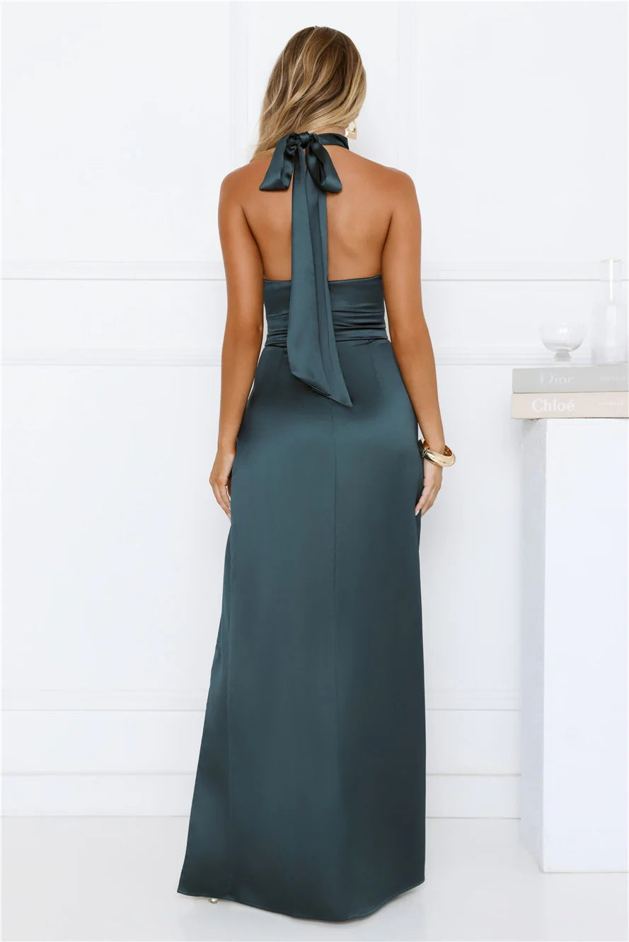 Satin Sophistication Halter Maxi Dress Chocolate