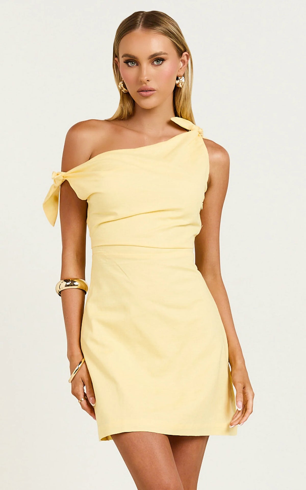Jeofina Mini Dress - Off The Shoulder Linen Look Dress in Pale Blue