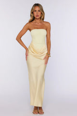 Graceful Moment Strapless Mesh Satin Maxi Dress Yellow