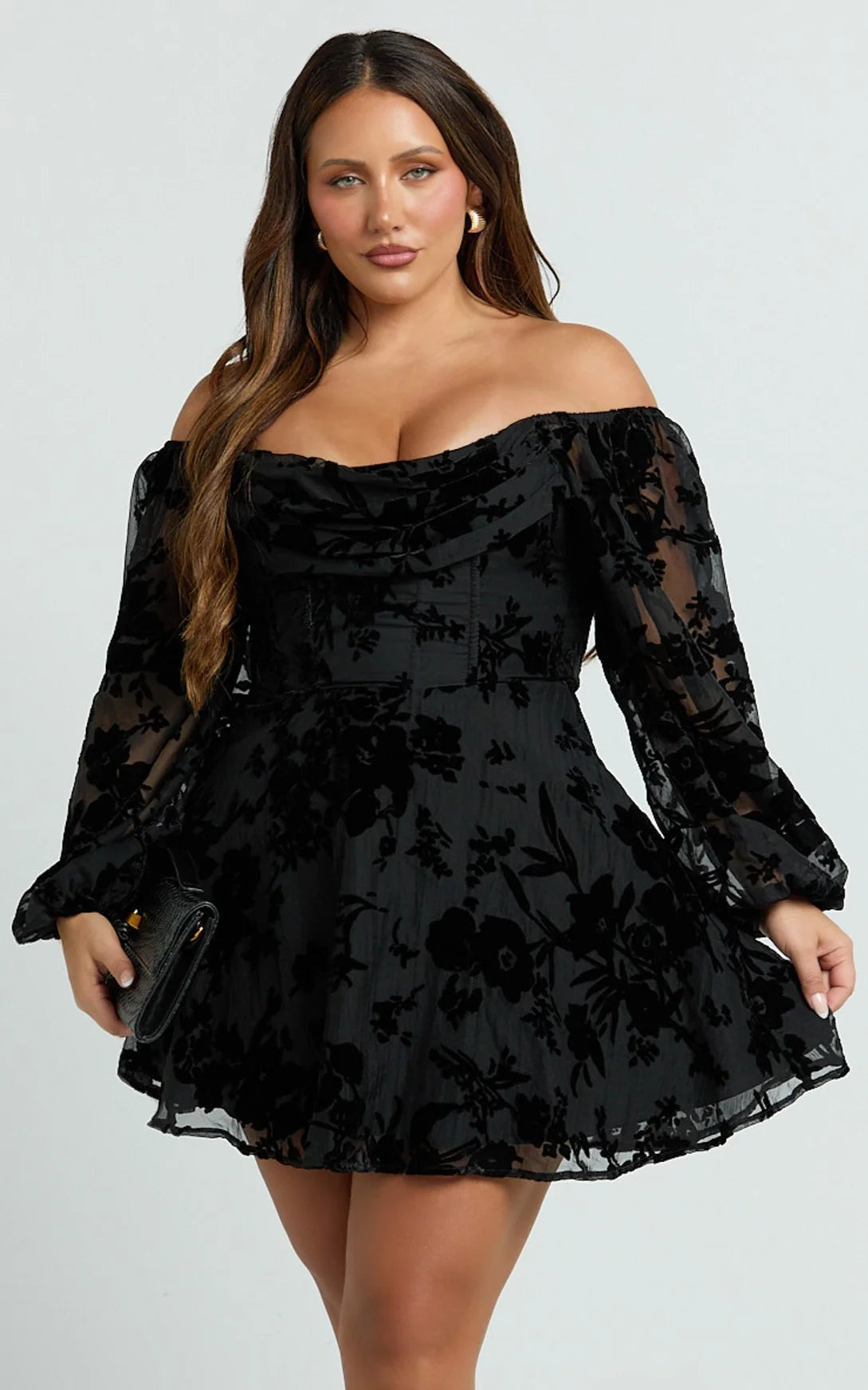 Jessell Mini Dress - Long Sleeve Cowl Corset Dress in Burnt Out Floral