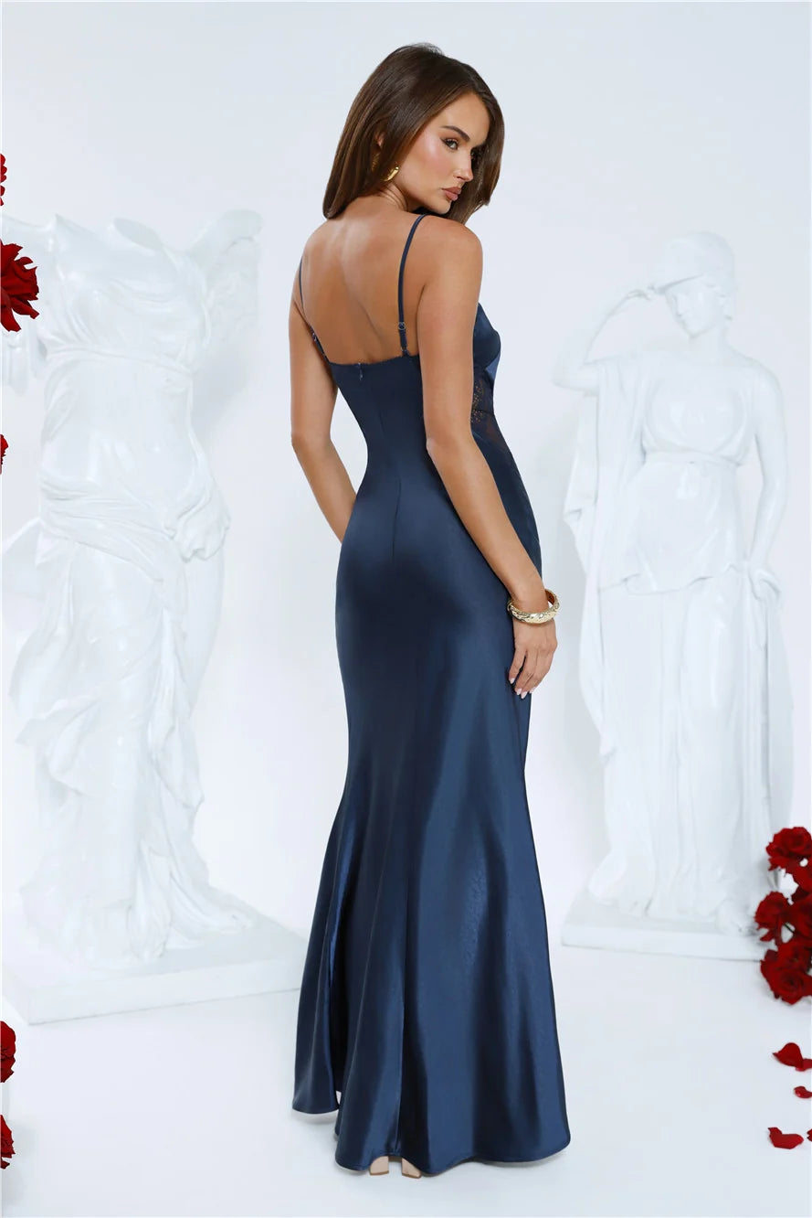 Silver Moonlight Satin Maxi Dress Navy