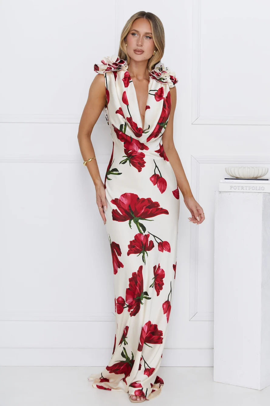 Falling Petals Satin Maxi Dress Ivory