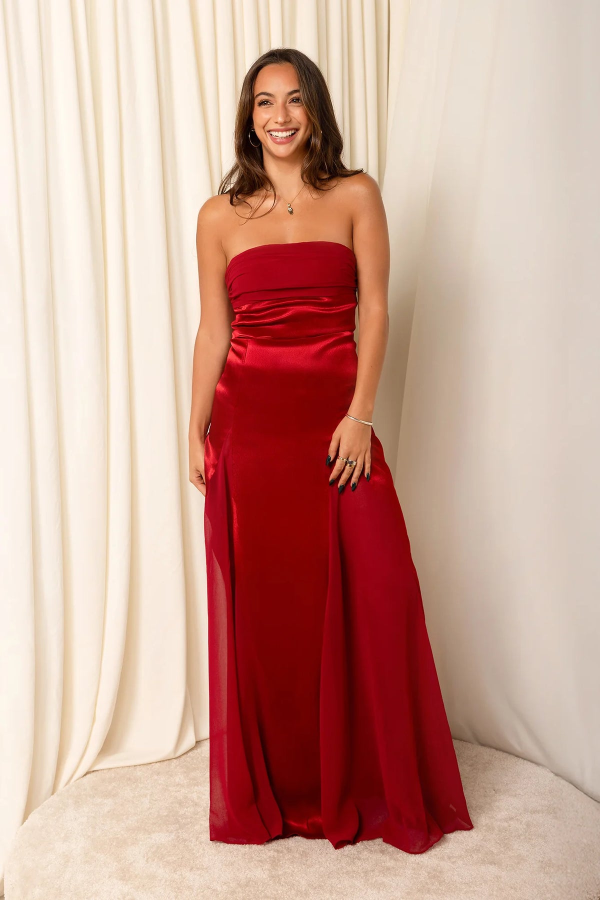 Statement Shine Strapless Satin Maxi Dress Red