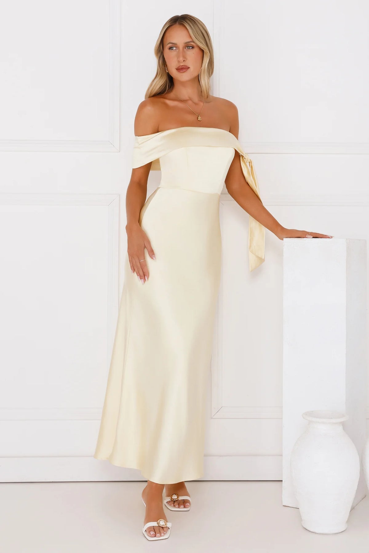 The Hype Off Shoulder Satin Midi Dress Black