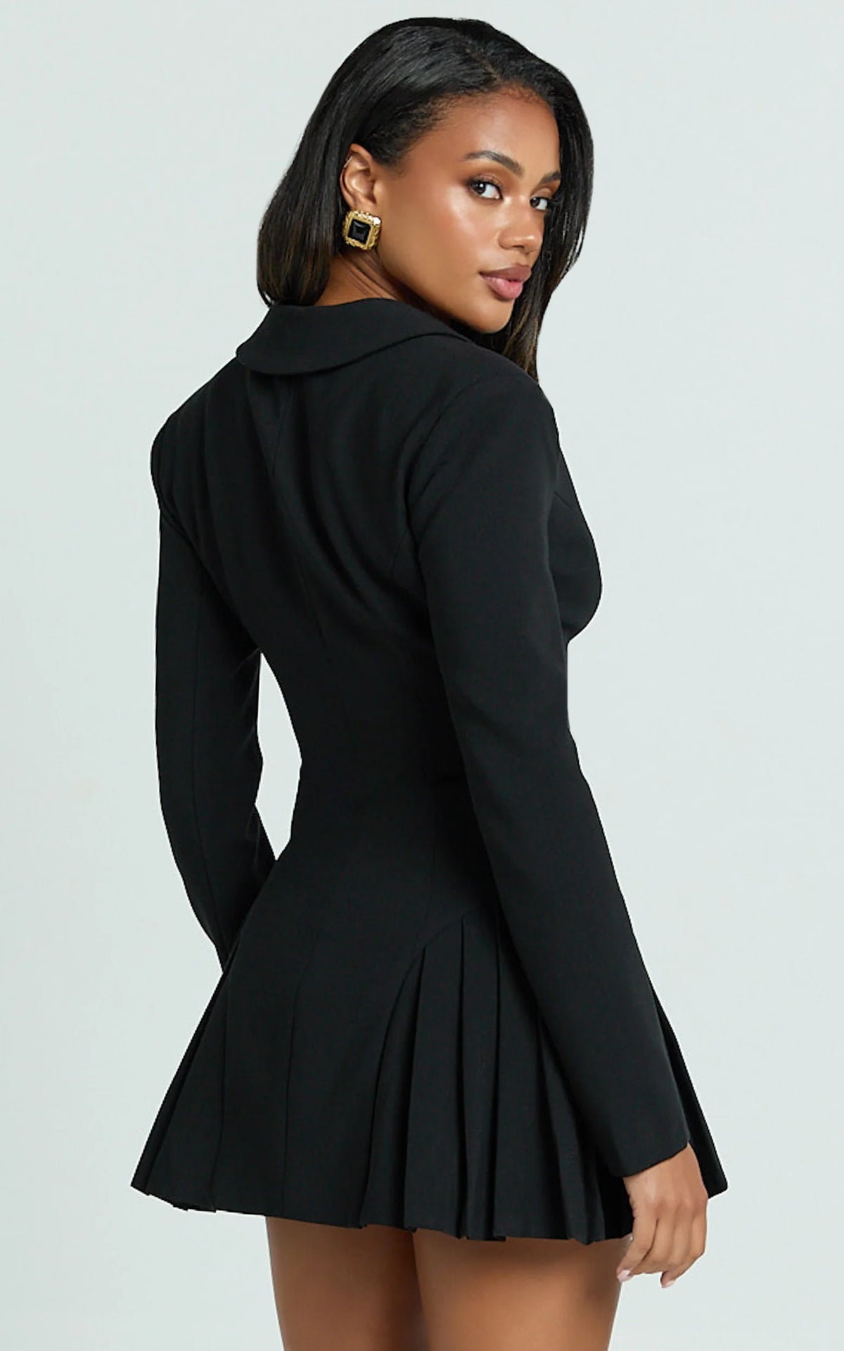 Bea Mini Dress - Collared Long Sleeve Fit And Flare Pleated Dress in Dark Chocolate