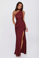 Sultry Serenade Satin Lace Neck Wrap Maxi Dress Wine