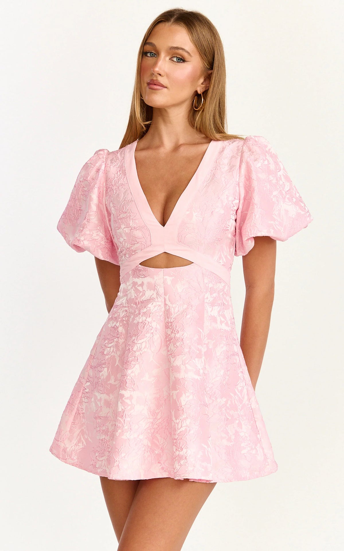 Rosalie Mini Dress - Floral Jacquard V Neck Fit and Flare Dress in Blue